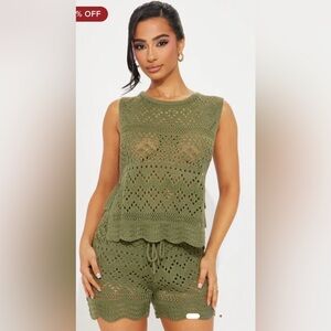 FASHION NOVA Women’s Sandy Beaches Crochet Short Set - Olive Size S